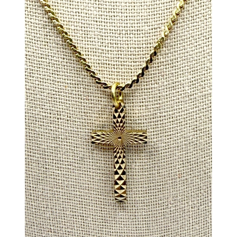 Gold Tone Textured Dainty Cross Necklace 18" Flat Chain Religious‎ Pendant
